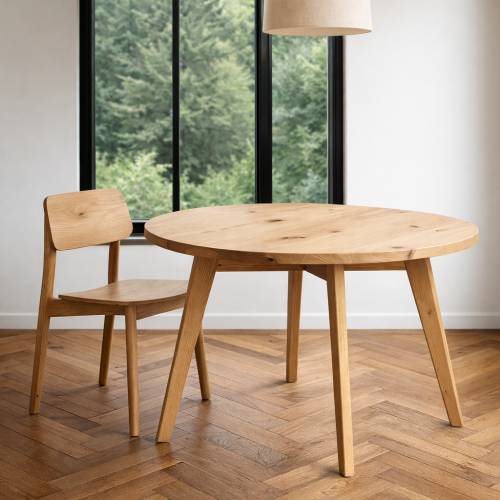 Stół dębowy, okrągły na czterech skośnych nogach.png