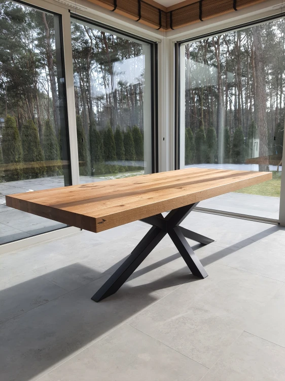 Stół dębowy STURNUS pogrubiany blat do 8cm, masywna Podstawa metalowa, loft, nowoczesny,  duży stół, konferencyjny